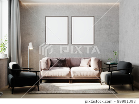 Blank poster frames mock up in light gray room interior , 3d rendering 89991398
