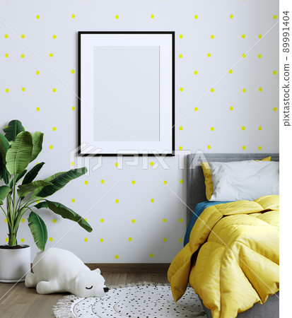 Mock up poster frame in children room, kids room, nursery mockup, yellow wall. 3d rendering Mock up poster frame in children room, kids room, nursery mockup, yellow wall. 3d rendering 89991404