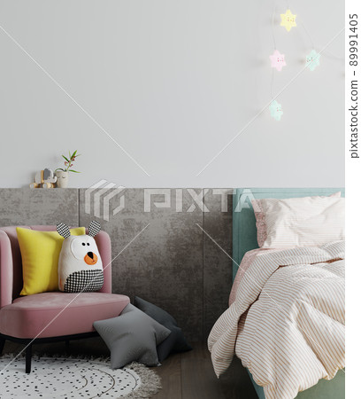 Mock up wall in the bright children's room in white wall background.3d rendering Mock up wall in the bright children's room in white wall background.3d rendering 89991405