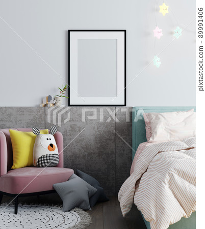 Kids Wall mock up. Kids interior in light pink and mint color. Scandinavian interior. 3d rendering Kids Wall mock up. Kids interior in light pink and mint color. Scandinavian interior. 3d rendering 89991406