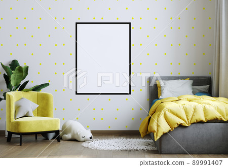 Frame mockup in yellow child room interior. Nursery Interior in scandinavian style. 3d rendering Frame mockup in yellow child room interior. Nursery Interior in scandinavian style. 3d rendering 89991407