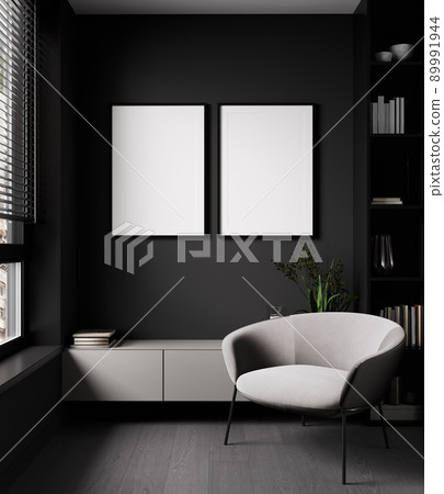 poster frames mock up in Cozy modern living room interior mock up in dark brown tones, scandinavian style, 3d illustration poster frames mock up in Cozy modern living room interior mock up in dark brown tones, scandinavian style, 3d illustration 89991944