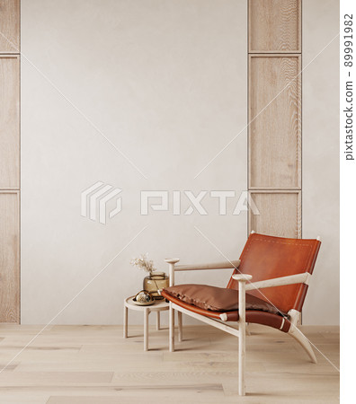 Mock up wall in Scandinavian living room design, home decor with wooden armchair and natural wooden table on empty bright background Mock up wall in Scandinavian living room design, home decor with wooden armchair and natural wooden table on empty bright background 89991982