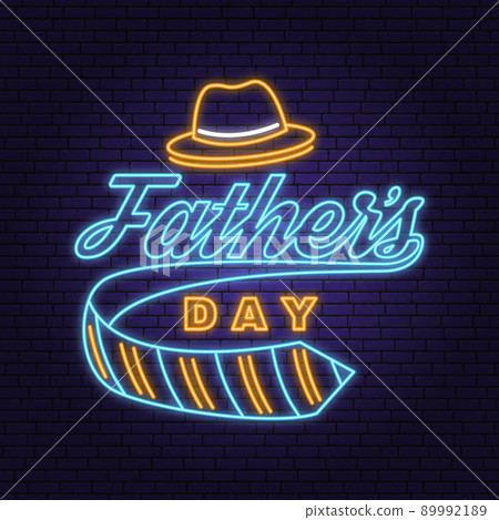 Happy Father's Day badge, logo Neon sign. Vector illustration. Vintage style Father's Day Designs with hipster hat and ties bright signboard, light banner. Happy Father's Day badge, logo Neon sign. Vector illustration. Vintage style Father's Day Designs with hipster hat and ties bright signboard, light banner. 89992189
