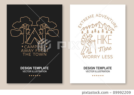Hike more, worry less. Away from the town. Mountains related line art quote. Vector illustration. Set of Line art flyer, brochure, banner, poster with camper tent and forest. 89992209