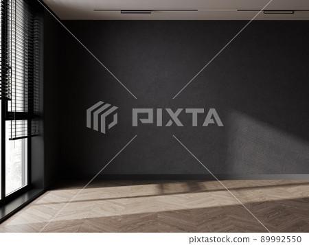 Empty room with dark walls and wooden floor near window. Empty room for mockup. 3d rendering Empty room with dark walls and wooden floor near window. Empty room for mockup. 3d rendering 89992550