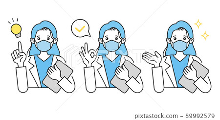 Illustration of a female doctor wearing a mask. Suggestions, advice and explanations. Gestures. Lab coat. Illustration of a female doctor wearing a mask. Suggestions, advice and explanations. Gestures. Lab coat. 89992579