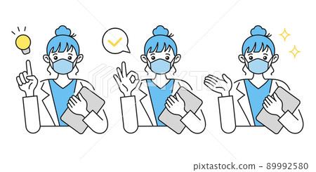Illustration of a female doctor wearing a mask. Suggestions, advice and explanations. Gestures. Lab coat. Illustration of a female doctor wearing a mask. Suggestions, advice and explanations. Gestures. Lab coat. 89992580