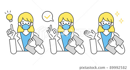 Illustration of a female doctor wearing a mask. Suggestions, advice and explanations. Gestures. Lab coat. Illustration of a female doctor wearing a mask. Suggestions, advice and explanations. Gestures. Lab coat. 89992582