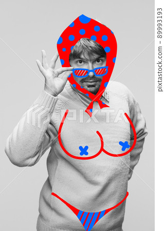 Contemporary artwork. Funny man's portrait with bright red and blue color drawings, doodles. Concept of art, creation, aspiration, humor, caricature. 80s, 90s style Contemporary artwork. Funny man's portrait with bright red and blue color drawings, doodles. Concept of art, creation, aspiration, humor, caricature. 80s, 90s style 89993193