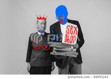 Caricature. Contemporary art collage. Senior man and woman's portrait with bright red and blue drawings. Digital vandalism. Concept of art, creation, aspiration, humor. Caricature. Contemporary art collage. Senior man and woman's portrait with bright red and blue drawings. Digital vandalism. Concept of art, creation, aspiration, humor. 89993242