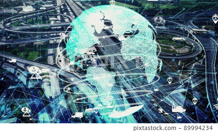 Smart transport technology concept for future car traffic on newish city road Smart transport technology concept for future car traffic on newish city road 89994234