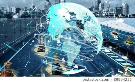 Smart transport technology concept for future car traffic on newish city road 89994235