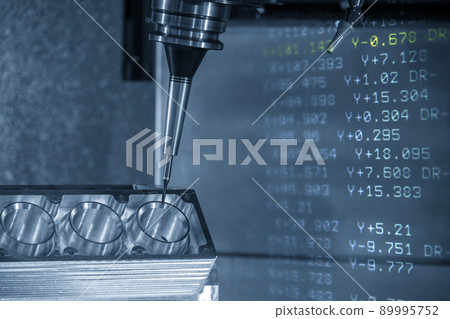 Abstract scene 5-axis machining center cutting the engine parts with G-code data background . Abstract scene 5-axis machining center cutting the engine parts with G-code data background . 89995752