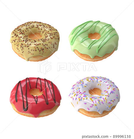 A set of four assorted doughnuts with colorful icing, swirls and sprinkles. Maple, Irish cream, strawberry and classic vanilla are shown. 3d image 89996138