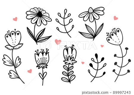 Collection of decorative flowers, chamomile, leaves and branches. Linear hand drawn doodle. Vector illustration. Isolated elements for design and decoration. Collection of decorative flowers, chamomile, leaves and branches. Linear hand drawn doodle. Vector illustration. Isolated elements for design and decoration. 89997243