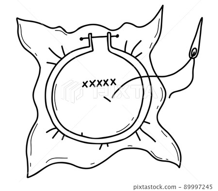 Embroidered hoop and needle and thread. Vector linear hand drawn doodle. Hobby and needlework. set of tools for embroidery. Embroidered hoop and needle and thread. Vector linear hand drawn doodle. Hobby and needlework. set of tools for embroidery. 89997245