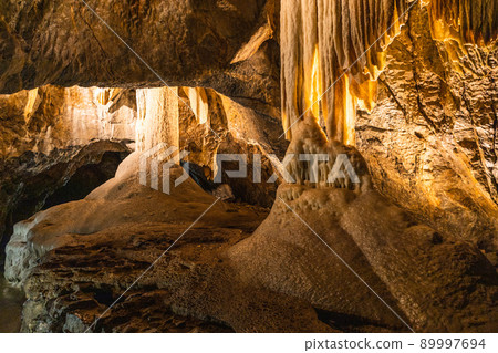 Cave with stalactites and stalagmites. The geological formation of Punkva Caves 89997694
