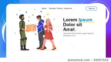 soldier giving help boxes with Ukraininan flag to refugee humanitarian aid material assistance governmental help 89997848