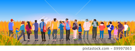 Ukrainian refugees with things rush to border fleeing russian aggression against Ukraine stop war concept 89997863