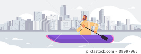 man rowing small boat guy paddling canoe kayaking canoeing paddling active vacation summer activity concept 89997963