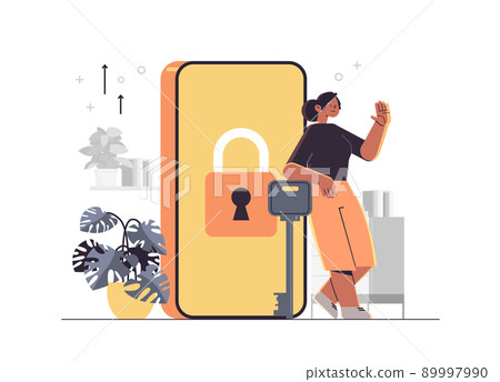 woman standing near locked smartphone with padlock mobile account privacy security concept full length woman standing near locked smartphone with padlock mobile account privacy security concept full length 89997990