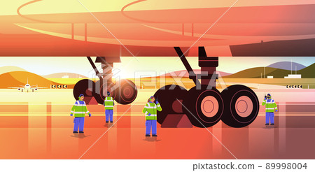 aviation marshallers using walkie talkie air traffic controllers airline worker in signal vests professional airport staff 89998004