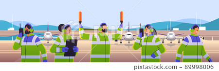 aviation marshallers supervisors team in uniform air traffic controllers airline worker in signal vests professional airport staff 89998006