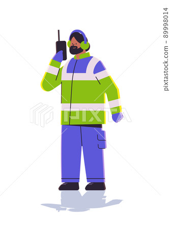 aviation marshaller in uniform using walkie talkie man air traffic controller airline worker in signal vest professional airport staff 89998014