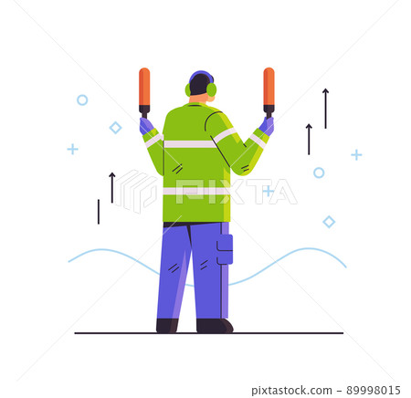 aviation marshaller supervisor signaling near aircraft air traffic controller airline worker in signal vest professional airport staff aviation marshaller supervisor signaling near aircraft air traffic controller airline worker in signal vest professional airport staff 89998015