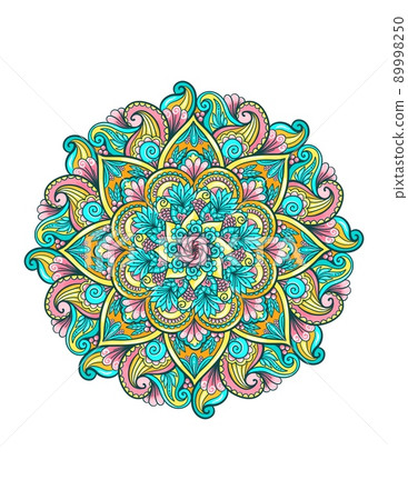 Colorful circular mandala illustration isolated on white background, ethnic meditative design for yoga studio Colorful circular mandala illustration isolated on white background, ethnic meditative design for yoga studio 89998250