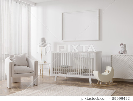 Empty horizontal picture frame on white wall in modern child room. Mock up interior in scandinavian style. Free, copy space for picture. Bed, armchair, toys. Cozy room for kids. 3D rendering. Empty horizontal picture frame on white wall in modern child room. Mock up interior in scandinavian style. Free, copy space for picture. Bed, armchair, toys. Cozy room for kids. 3D rendering. 89999432