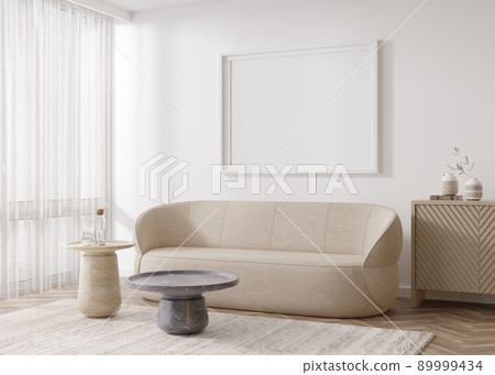 Empty horizontal picture frame on white wall in modern living room. Mock up interior in contemporary, scandinavian style. Free, copy space for your picture, poster. Sofa, carpet, table. 3D rendering. Empty horizontal picture frame on white wall in modern living room. Mock up interior in contemporary, scandinavian style. Free, copy space for your picture, poster. Sofa, carpet, table. 3D rendering. 89999434