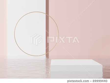 Podium standing in water on the pink and white background. Beautiful mock up for product, cosmetic presentation. Pedestal or platform for beauty products. Empty scene, stage. 3D rendering. 89999440