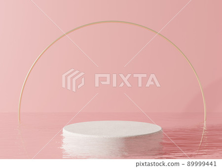Podium standing in water, with golden ring, on the pink background. Beautiful mock up for product, cosmetic presentation. Pedestal or platform for beauty products. Empty scene, stage. 3D rendering. 89999441