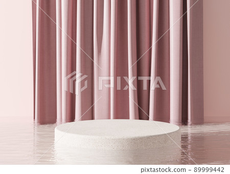 Podium standing in water, with textile. Beautiful mock up for product, cosmetic presentation. Pedestal or platform for beauty products. Empty scene, stage. 3D rendering. 89999442