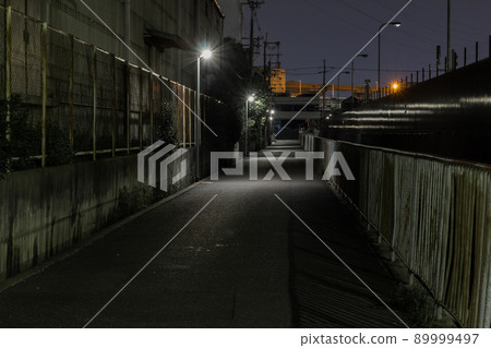 A night road with an unpopular streetlight at midnight 89999497