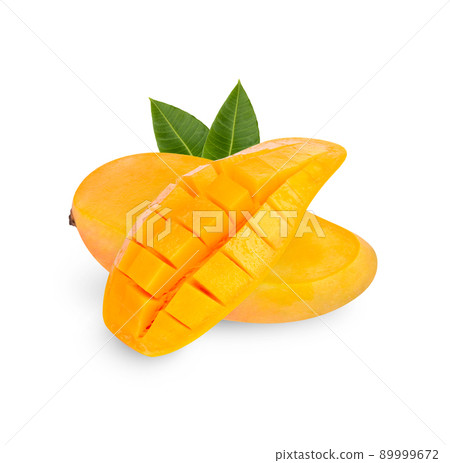 Mango fruit and sliced with leaves isolated on white background 89999672