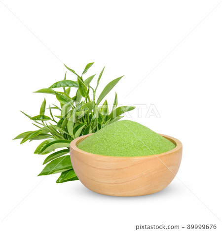Green tea powder in a wooden cup with leaves isolated on white background Green tea powder in a wooden cup with leaves isolated on white background 89999676