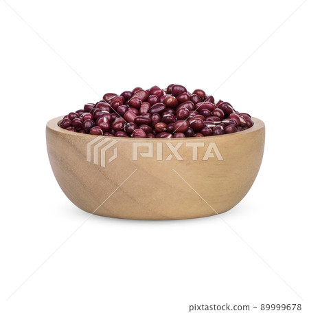 Red bean seeds in a wooden cup isolated on white background Red bean seeds in a wooden cup isolated on white background 89999678