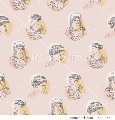 Seamless pattern with ancient greek sculptures. Linear goddesses antique statues. Trendy vector illustration in one line drawing style Seamless pattern with ancient greek sculptures. Linear goddesses antique statues. Trendy vector illustration in one line drawing style 90000640