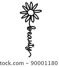 Daisy Flower with Word BEAUTY. Simple Doodle Line Drawing Art style. Vector isolated. Great as a 90001180