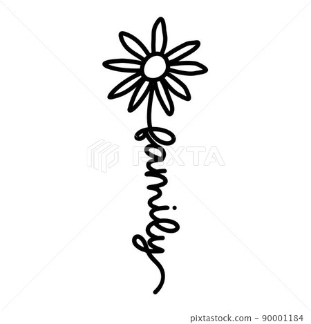Daisy Flower with Word Family. Simple Doodle Line Drawing Art style. Vector isolated. Great as a 90001184