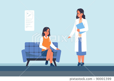 People waiting at clinic. Patient visiting doctor. Medical examination. Woman sitting on couch. Medicine and health care. Physician appointment. Vector hospital registration concept 90001399