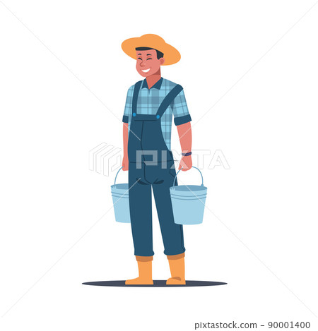 Agricultural work. Farmer characters working in field. Farm worker holding buckets. Man harvesting crops and fruits. Gardening tools. Guy in overalls. Vector gardener carrying pail 90001400
