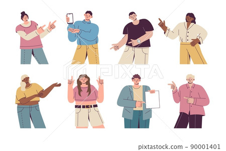 People with fingers. happy men and women pointing, female and male persons gestures up and down side. Guy hold smartphone, girl with blank empty poster. Presentation vector cartoon illustration 90001401