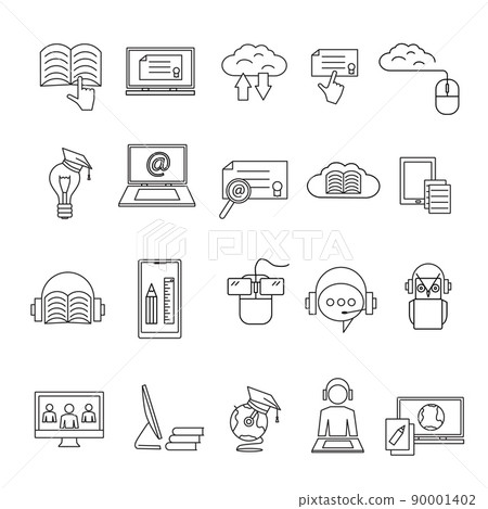 Online education icon. Line symbol of students studying. University or school signs set. Web technology. Laptop and tablet. Teacher and learning webinar. Vector graphic illustration 90001402