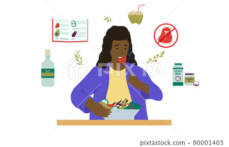 Vegans and organic food. Cartoon vegetarians with natural eco food. Female eating salad. No meat sign. Coconut products. Vegetable recipes. Healthy lifestyle. Vector diet nutrition 90001403