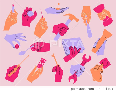 Doodle hands. Minimalistic doodle arms holding different objects. Hammer or wrench in fist. Human body. Stopwatch and key. Lipstick in fingers. Flower on palm. Vector graphic collection 90001404