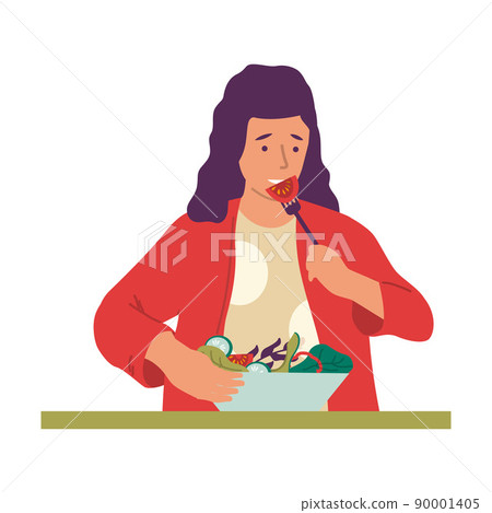 Vegans and organic food. Vegetarians with natural eco meal. Young female eating vegetable salad. Bowl with fresh tomato, cucumber or lettuce. Healthy lifestyle. Vector diet nutrition 90001405